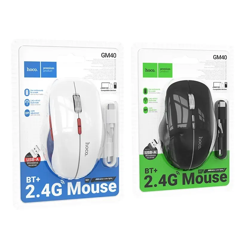 Hoco – Mouse Inalámbrico GM40 ⚡ RGB Recargable | Dual Mode 2.4G + Bluetooth 
