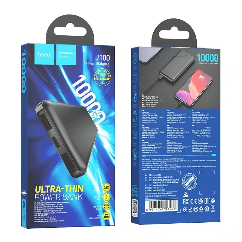 Hoco – Power Bank J100 🔋 10000mAh con Indicador LED | Doble Salida USB-A