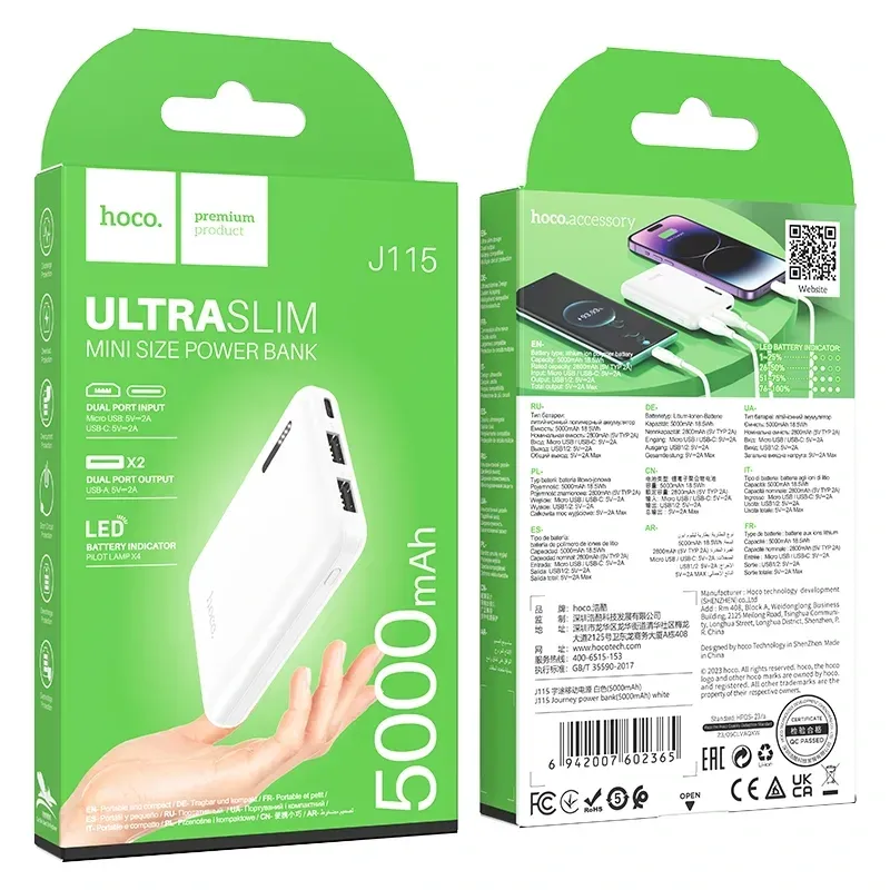 Hoco – Power Bank J115 🔋 5000mAh Ultra Compacto con Doble Puerto USB-A 