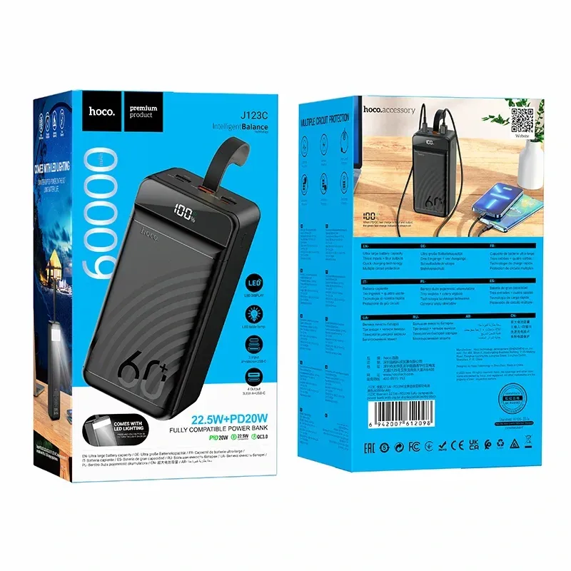 Hoco – Power Bank J123C 60000mAh 🔋 con Pantalla Digital | Carga Rápida 22.5W 