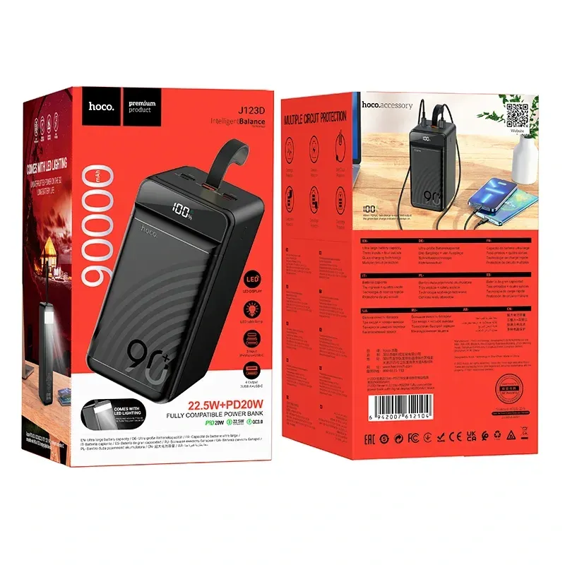 Hoco – Power Bank J123D 90000mAh 🔋 con Pantalla Digital | Carga Rápida 22.5W 