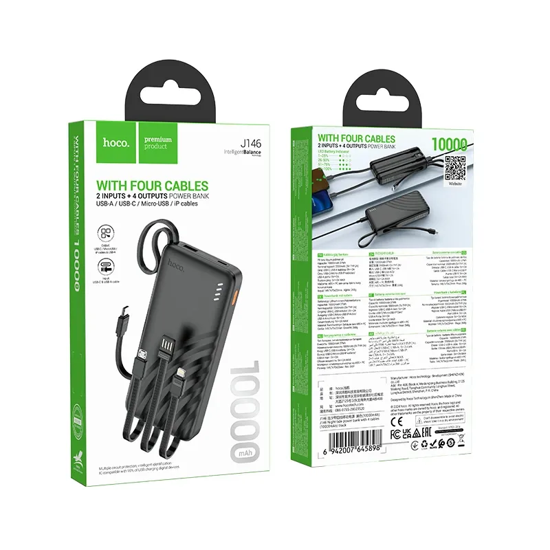 Hoco – Power Bank J146 Night Tide 10000mAh 🔋 con 4 Cables Integrados