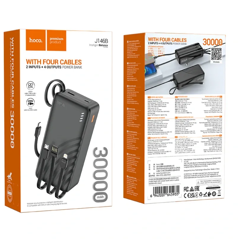 Hoco – Power Bank J146B Night Tide 30000mAh 🔋 con 4 Cables Integrados