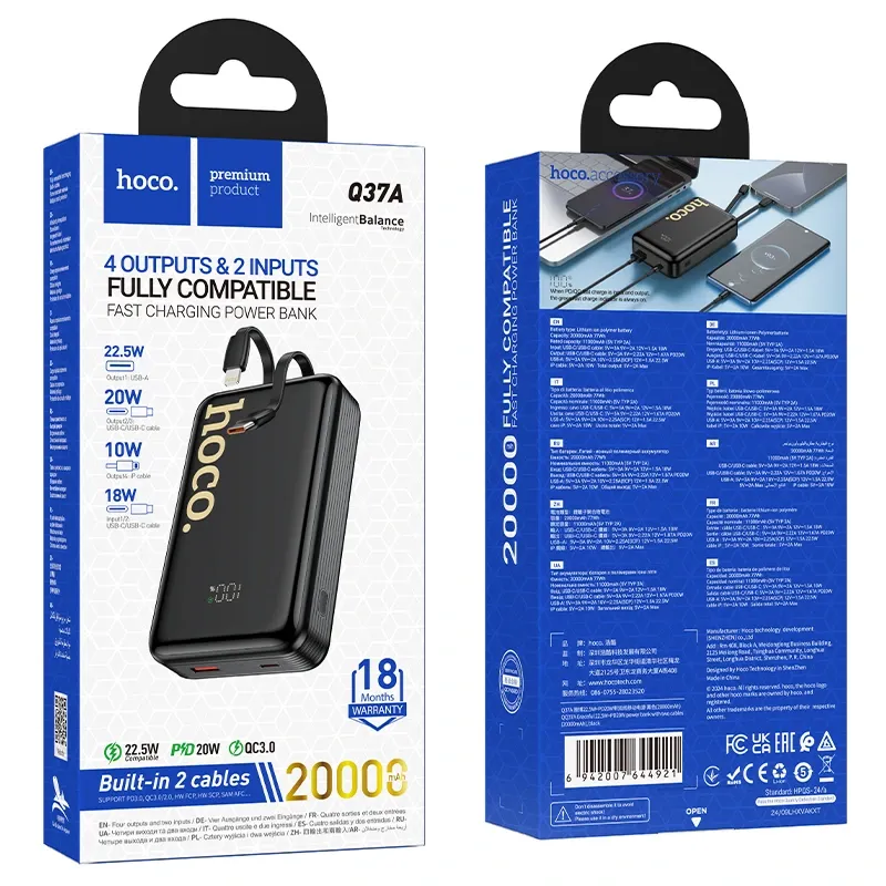 Hoco – Power Bank Q37A Graceful 20000mAh – Carga Rápida 22.5W