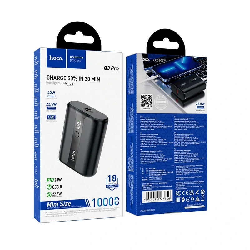 🔋⚡ Hoco Q3 Pro 10000mAh – Power Bank de Carga Rápida 22.5W ⚡🔋