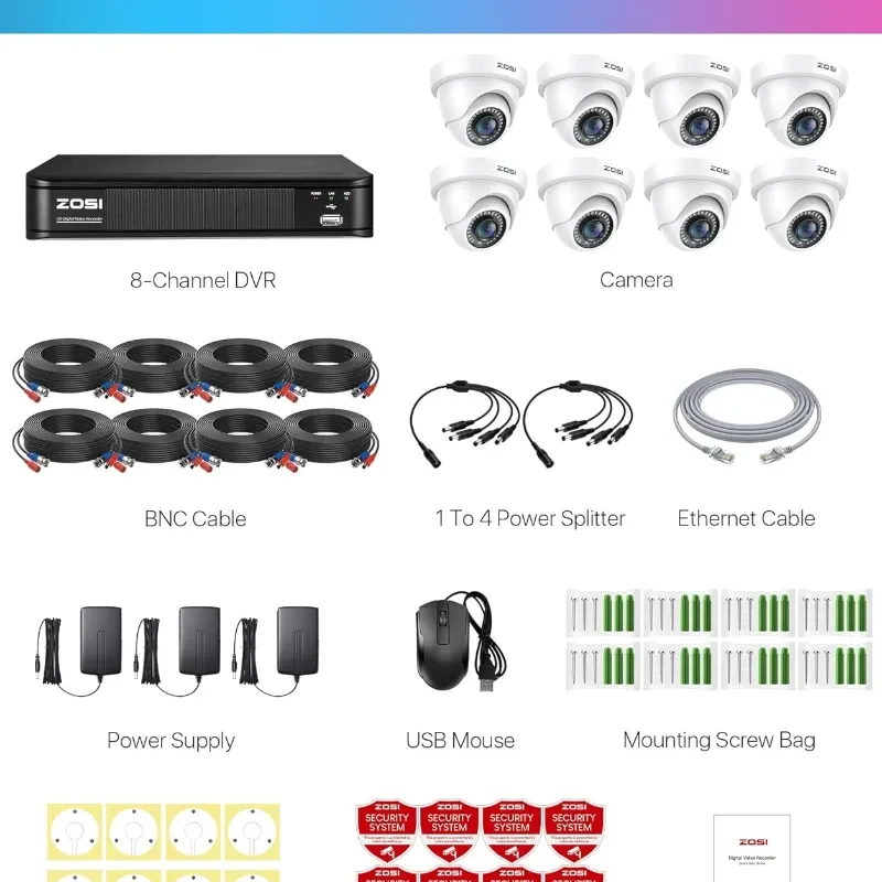 Sistema de Cámaras de Seguridad ZOSI 1080P H.265+ – DVR 8 Canales 5MP Lite con 8 Cámaras Domo Exterior