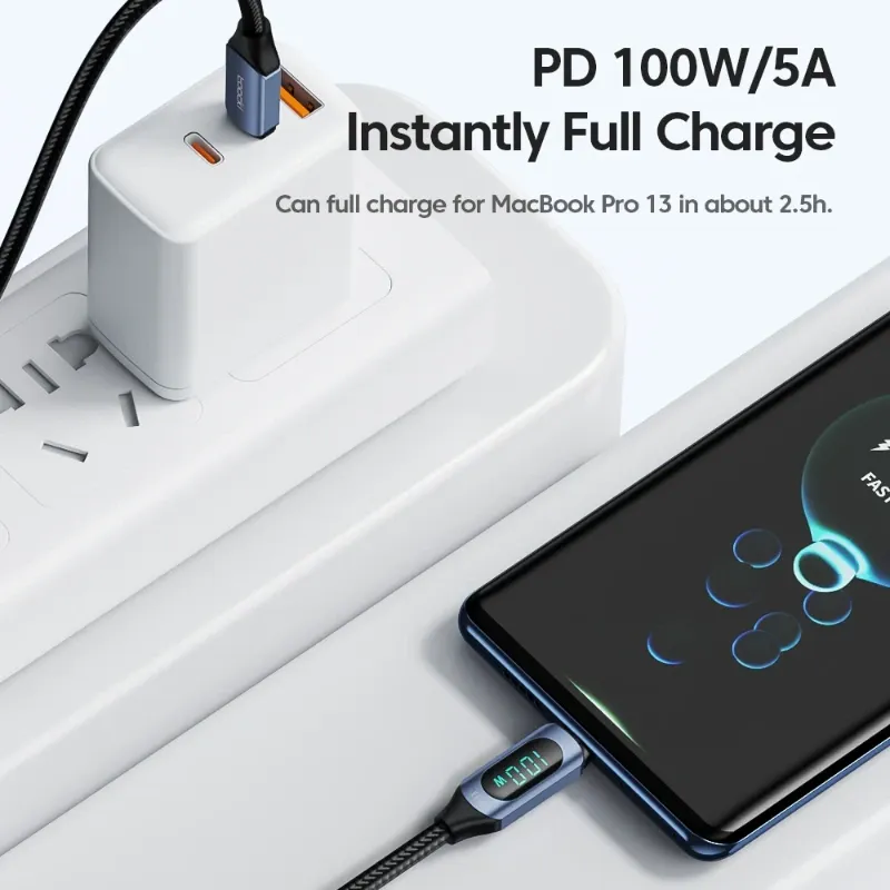 Toocki – Cable Tipo C a Tipo C PD 100W con Pantalla Digital 