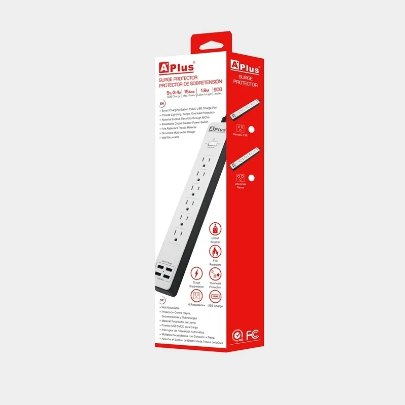 Extensión de carga inteligente (15A, 1.8M, 6 salidas, 4 puertos USB)