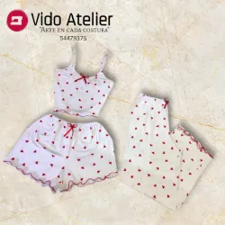 Pijama 3 piezas Blanco corazones rojos
