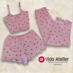 Pijama 3 piezas Durazno corazones