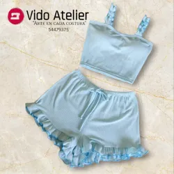 Pijama de 2 piezas corto fruncido Azul claro