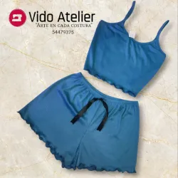 Pijama de 2 piezas corto fruncido Azul petróleo