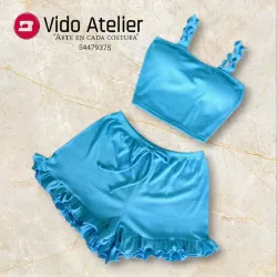 Pijama de 2 piezas corto fruncido Azul