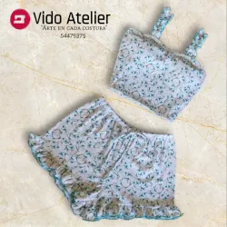 Pijama de 2 piezas corto fruncido Estampado azul