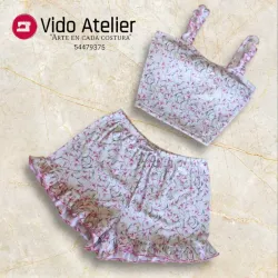 Pijama de 2 piezas corto fruncido Estampado rosa