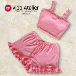 Pijama de 2 piezas corto fruncido Rosa chicle