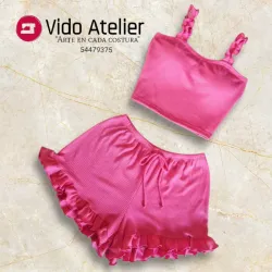 Pijama de 2 piezas corto fruncido Rosa magenta