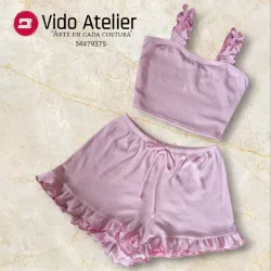 Pijama de 2 piezas corto fruncido Rosa pastel