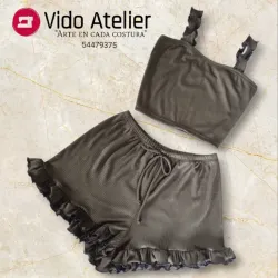 Pijama de 2 piezas corto fruncido Verde oliva