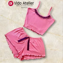Pijama de 2 piezas corto Rosa chicle con plisado