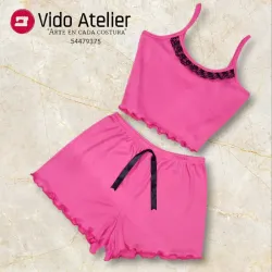 Pijama de 2 piezas corto Rosa magenta con plisado