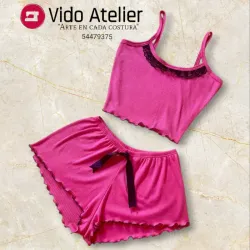 Pijama de 2 piezas corto Rosa magenta con plisado