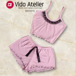 Pijama de 2 piezas corto Rosa pastel con plisado