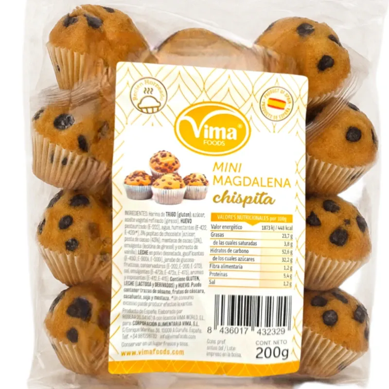 Paquete de magdalenas con chispas de chocolate 200g VIMA (ver descripción)