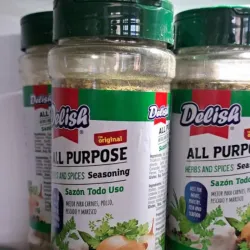 Sazon completo marca DELISH 250g Sabor mixto Contiene una mezcla de especias ,ajo, cebolla, pimienta negra, cilantro, perejil, albahaca, comino, tomillo, cúrcuma, perejil,laurel, hinojo 