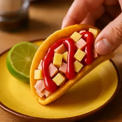 Tacos  con jamón y queso gouda acetunas y ketchup (tortilla original mexicana