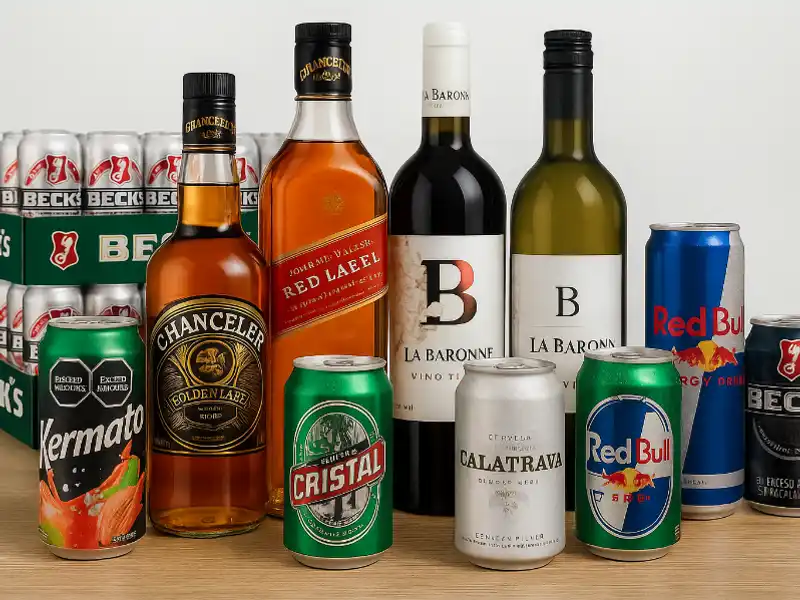 Cervezas, Whiskys, Ron y Energizantes.