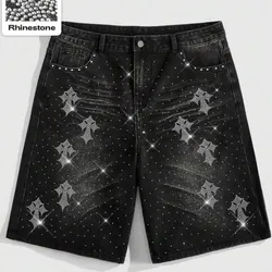 Shorts vaqueros casuales con diamantes brillantes para hombre