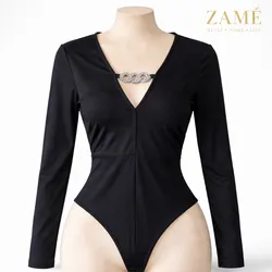 Body Negro Elegante Escote V con Detalle Brillante