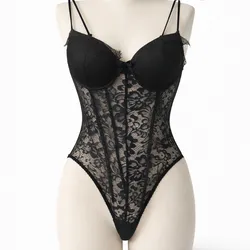 Body Negro Encaje Transparente Corte Alto