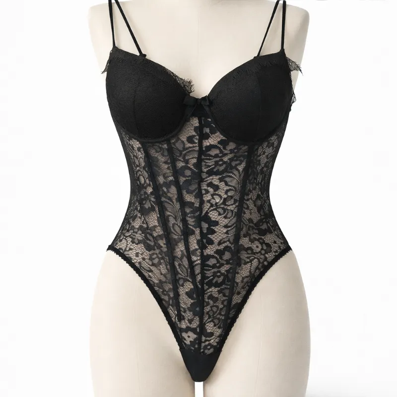 Body Negro Encaje Transparente Corte Alto
