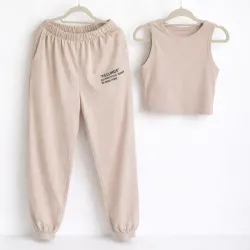 Conjunto Beige Mujer Crop + Jogger Estilizado