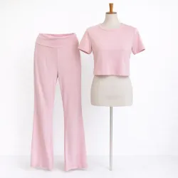 Conjunto Rosa Flare Mujer Crop + Pantalón Alto