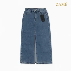 Falda Denim Midi de Tiro Alto con Abertura