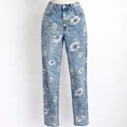 Jeans Azul Floral Tiro Alto
