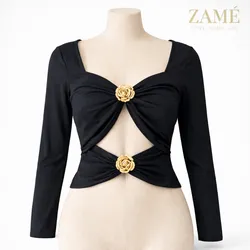 Top Negro Manga Larga con Detalle Dorado